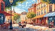 © fourtakig - Illustrated charming European town square, people enjoying a leisurely evening