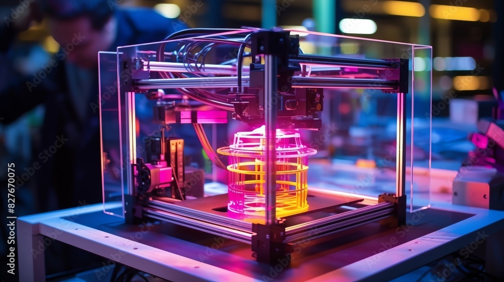 3D printer creating a complex object close up, focus on, copy space ...