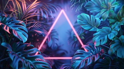 Wall Mural - An abstract neon backdrop featuring tropical leaves and a triangular frame