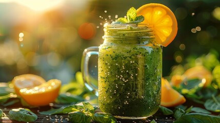 close-up of glass jar mugs filled with green health smoothie. bright sun in natural lighting