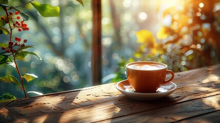 Wall Mural - cup of coffe in the window, morning day.