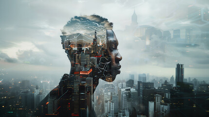 Wall Mural - Illustration of a black man with robot brain looking out to mega city skyline, double exposure of cyborg and cityscape