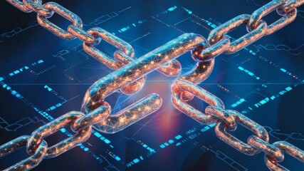 Digital Chains Linking in a Network on a Blue Background