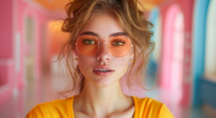 Wall Mural - A woman with green eyes and orange glasses is standing in a room with colorful walls. She has a bright and cheerful expression on her face