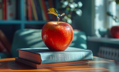 A red apple sits on top of a book. The apple is the center of attention and the book is the background.