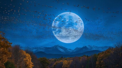 night view of flock of migration birds flying over a blue full moon