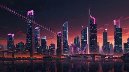 Wall Mural - shows a futuristic city with tall buildings, bridges