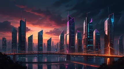 Wall Mural - shows a futuristic city with tall buildings, bridges