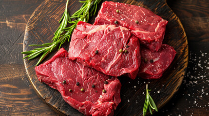 Canvas Print - Juicy roasted beef slices garnished with fresh rosemary and colorful peppercorns