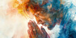 © InkCrafts - A man prays with his head bowed, his hands clasped together. The background is a mix of vibrant colors, suggesting a spiritual connection.