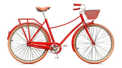 a vintage red bicycle with a brown leather seat and a wicker basket on the front.