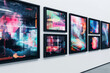 © Nairobi  - An art museum gallery features a series of black-framed paintings depicting various abstract interpretations of digital art and virtual realities, displayed against a white wall.