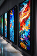 © Nairobi  - An art museum gallery displays multiple paintings in sleek black frames, each showing an abstract, colorful interpretation of various deep-sea scenes in a vertical format.