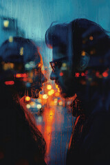 Wall Mural - A couple, a man and a woman, are hugging outside a rain-drenched window against the backdrop of the evening city. Selective focus. Romance, love, Valentine's Day.