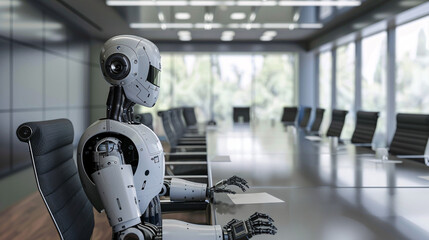 Robot, ceo, in, a, conference, room. A white humanoid robot sits at the head of a large, modern conference table, embodying the concept of AI leadership.
