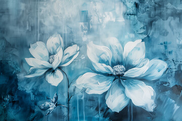 Wall Mural - Abstract modern art painting with flowers. Ice blue color shade. Generative AI.