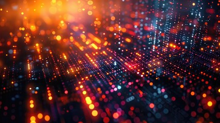 Binary code flowing across the screen in blue and orange hues.