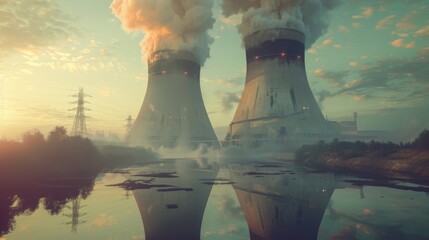 Wall Mural - Cooling towers of a nuclear plant in a surreal, dreamlike setting, with unexpected elements like floating islands and unusual lighting. --ar 16:9 --style raw