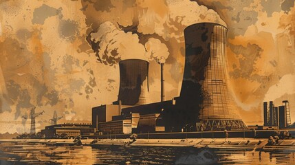 Wall Mural - An early 20th-century nuclear power plant in a vintage, sepia-toned illustration, capturing the pioneering spirit of early nuclear energy development. --ar 16:9 --style raw 
