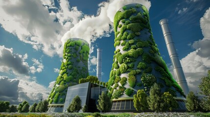 Wall Mural - An eco-friendly nuclear power plant with vertical gardens and renewable energy integration, in a green, sustainable environment. --ar 16:9 --style raw Job ID: b1697c63-8d87-4c46-a17a-01be9a347dda