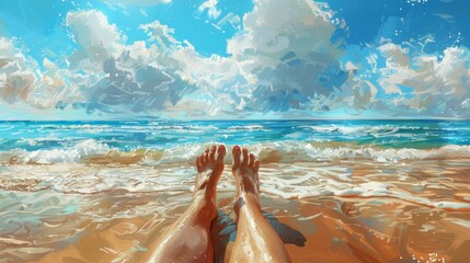 Wall Mural - A woman's feet are in the ocean, with the water splashing up around her toes