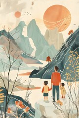 Father and Child Exploring Serene Japanese Landscape in Minimalist Ukiyo e Inspired