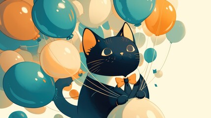 Wall Mural - A charming cartoon cat sporting a dapper tie sits amidst a cluster of delightful balloons