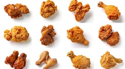 Fried chicken pieces in a collection isolated on a white background. Oil and gas power plant refinery, with storage tanks for oil production in the background