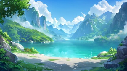 Sticker - Cartoon style, background of the lake with green water and mountain view in the style of cartoon animation, colorful animated stills, cartoon character design, light blue and dark emerald, cartoon sce