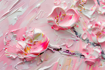 Wall Mural - Abstract modern art painting with flowers. Baker-Miller Pink Color. Generative AI.