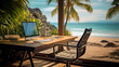 © Giotto - Dream home office remote workspace, beachfront with sea view with direct access to a tropical beach with palm trees. A desktop computer is placed on a wooden table in front of an empty designer chair.