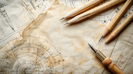 a set of drafting tools, beautifully centered with sharp detail and a neutral backdrop.