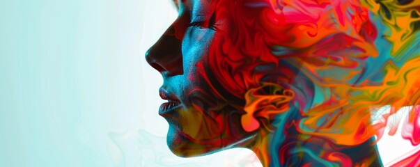 Wall Mural - Abstract silhouette of a person with vibrant multicolored smoke blending into the profile on a light background.