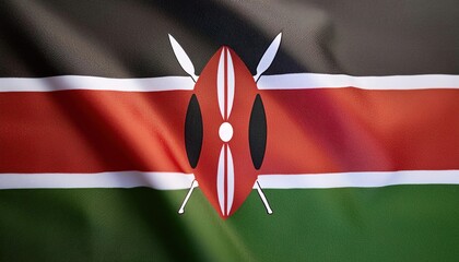 Wall Mural - world flag pride or olympic games or the olympics concept of a Flag of the country Kenya with dark, red and green horizontal bars and shield with two spears, Isolated with colors and design, texture