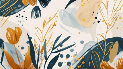 Wall Mural - abstract botanical illustration with gold elements boho earth tone floral decor modern minimalist art vector illustration