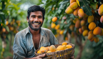 young indian farmer holding a basket of mangoes