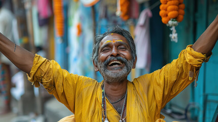 happy indian sadhu maharaj standing at city street