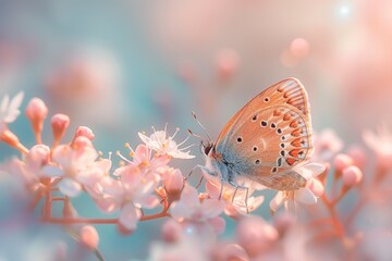 Sticker - AI generated illustration ofan orange and white butterfly perched on pink flowers