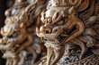 © Nuth - A close up of a traditional Chinese guardian lion statue with a fierce expression, symbolizing strength and protection