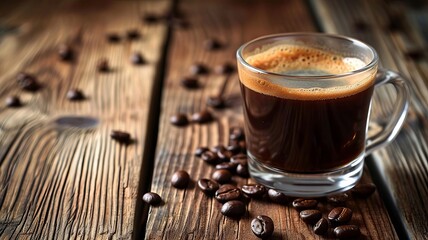 Wall Mural - Glass of coffee with cream on wooden background. selective focus. Generative AI,