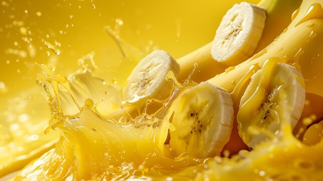Photorealistic banana slices and juice splash isolated 
