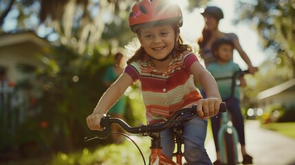 Wall Mural - The picture of the children riding the bicycle while wearing the protection on the helmet for safety, riding the bike require skill the training, experience, balance, endurance and awareness. AIG43.