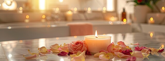 Wall Mural - Bathroom candles and rose petals. Selective focus.