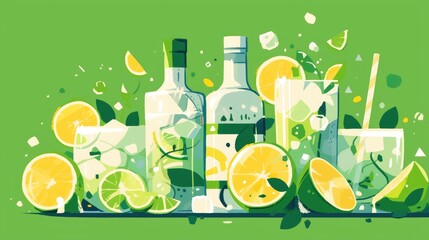 Illustration of gin poured into a bottle and glass a potent distilled alcoholic beverage featured on a bar menu This cartoon image showcases the essential ingredient for a refreshing gin an