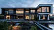 © Khuram - A modern suburban house with a striking facade of black and white materials, captured at dawn with the rising sun casting a soft glow on the large windows