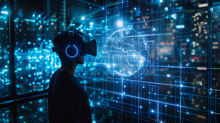 Wall Mural - a person standing in futuristic digital data monitoring room, modern technology illustration