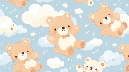 Wall Mural - A charming brown teddy bear with a beaming smile floats amidst whimsical clouds and twinkling stars in a dreamy pastel blue grey backdrop This adorable kawaii animal print is perfect for ki