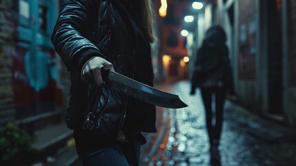 Aggressive Man with Knife Stalking Woman in Alley