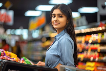 young indian woman standing at grocery store