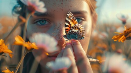 Wall Mural - The close up picture of the person holding the butterfly on the finger that has been surrounded with the plant and the nature in the springtime of the year under the bright light from the sun. AIG43.